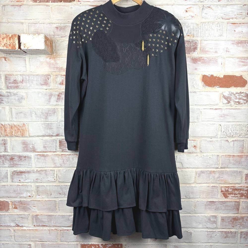 Rare Vintage 1980s EnChante Chemise Ruffle Hem‎ Whimsigoth witchy Midi Dress USA